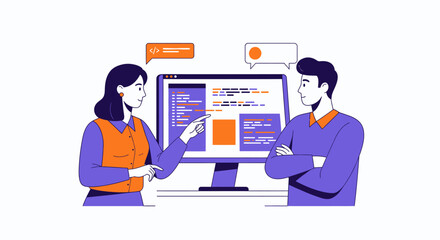 Software development team collaboration showcasing code on a monitor together discussing project
