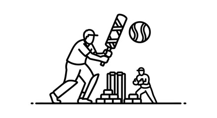 A striking illustration of a cricketer in action, perfectly poised to hit the ball, with the bowler ready to deliver, and the wickets standing firm for a classic game