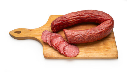 smoked sausage ring on a white isolated background