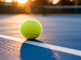 Tennis ball resting on blue court line in warm sunset light