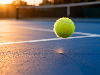 Tennis ball bouncing above blue court surface at sunset