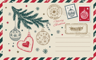 Vintage Hand-Drawn Christmas Postcard with Ornaments and Stamps