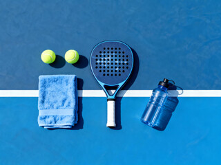 Padel racket with towel, bottle and balls on center court line