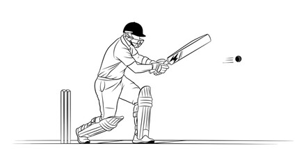 Detailed line art illustration of a professional cricket batsman in full gear hitting a ball with a bat. This minimalist vector drawing shows the player's dynamic batting stance