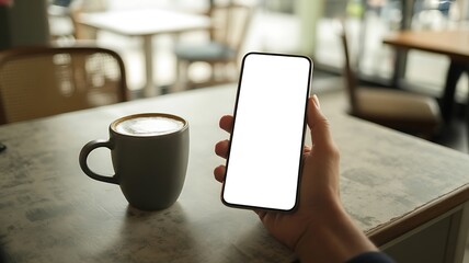 Hand Holding Smartphone Next to Coffee Cup in Cafe