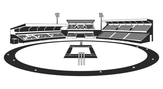 Black and white graphic illustration of a cricket stadium with stands, field, and boundary, suitable for sports and event promotions