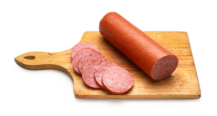 Smoked sausage on a kitchen board, white isolated background