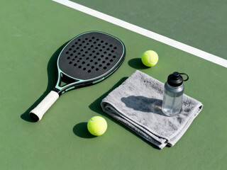 Padel racket with towel, bottle and balls arranged on green court