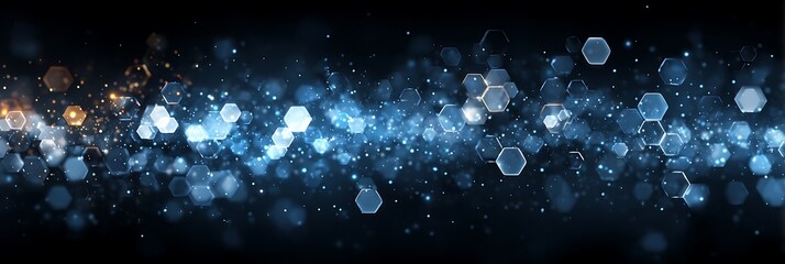 Abstract blue glowing hexagonal particles flow, data technology