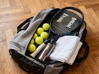Sport bag packed with tennis racket, balls, bottle and towels on wooden floor
