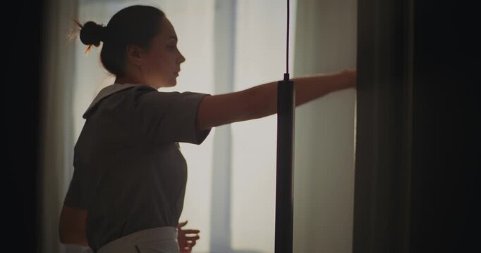 Young Female Maid in Neat Uniform Uses Soft Feather Duster to Gently Clean Artwork on Hotel Room Wall. Concept of Cleanliness, High Quality Hospitality Service, and Attentive Room Care. Handheld.