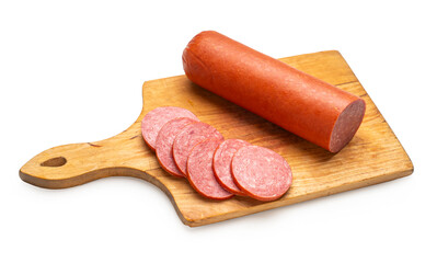 Smoked sausage on a kitchen board, white isolated background