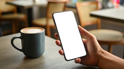 Hand Holding Smartphone Next to Coffee Cup in Cafe