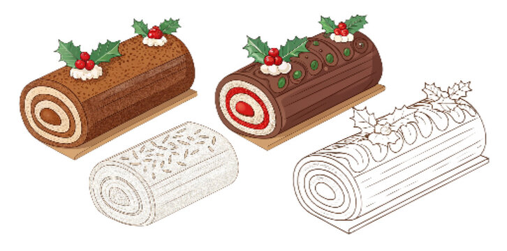 Christmas Yule Log Cake Vector Set Flat Design Illustration &ndash; Detailed, Outline, and Geometric Styles, Festive Holiday Clipart PNG

