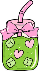 Girly Coquette Matcha Ice Latte with Pink Ribbon Bow Cartoon Hand Drawn Retro Vintage Green and Pink Whimsical Illustration