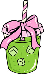 Girly Coquette Matcha Ice Latte Cup with Pink Ribbon Bow Cartoon Hand Drawn Retro Vintage Green and Pink Whimsical Illustration