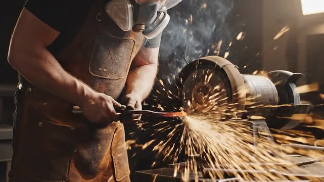 A person, wearing protective gear, grinds metal with sparks flying. The machine is visible