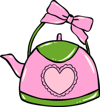 Girly Coquette Matcha Teapot Kittle with Pink Ribbon Bow Cartoon Hand Drawn
