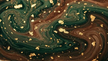 Rich greens, earthy browns, and specks of gold leaf swirling in water. Organic, natural, and elegant feel, macro photography style - Powered by Adobe