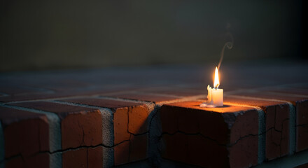 Single burning candle casting warm glow on cracked bricks creating a dramatic and atmospheric scene perfect for reflection and solitude