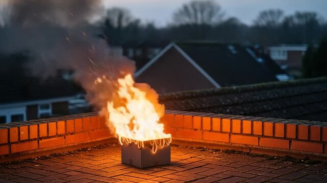 Burning on Rooftop: Flames fiercely consume an object atop a brick rooftop, sending billowing smoke into the twilight sky. Witness the raw intensity of destruction, danger and dramatic contrast.
