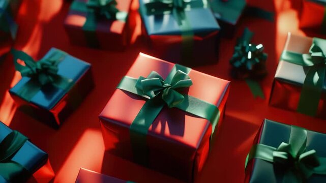 Colorful Christmas presents in a pile on a red surface, waiting to be opened.