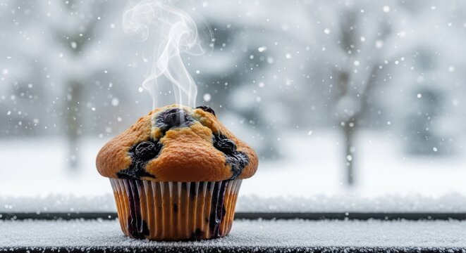 Hot blueberry muffin with steam in a snowy window on a cold winter day