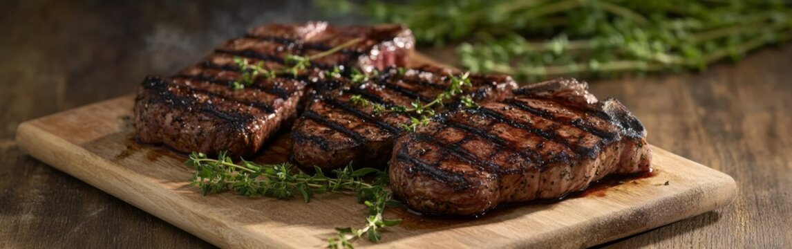 Freshly grilled steaks are beautifully arranged on a wooden cutting board, garnished with aromatic herbs. This setup highlights the art of grilling at home, perfect for any occasion