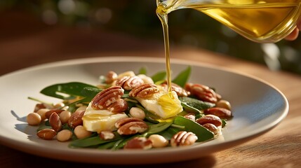 Close-up of olive oil being drizzled over a salad beside nuts, legumes, and herbs — sensory-rich concept celebrating anti-inflammatory foods and mindful eating habits for long life. cinematic color
