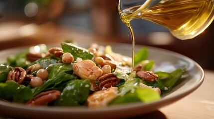 Close-up of olive oil being drizzled over a salad beside nuts, legumes, and herbs — sensory-rich concept celebrating anti-inflammatory foods and mindful eating habits for long life. cinematic color