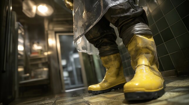 Cleaner washing tiled walls in industrial facility wearing protective boots and goggles — industrial hygiene scene highlighting professionalism, safety compliance, and technical expertise in