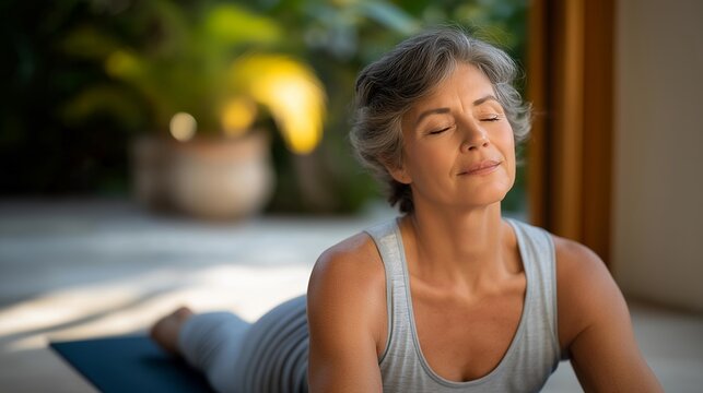 Older adult practicing breathing exercises on yoga mat — holistic scene connecting mental health, mindfulness, and physical well-being for a longer, happier life. cinematic color correction,