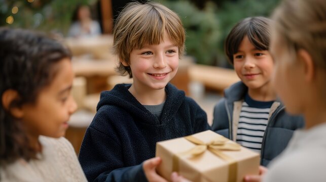 Group of children exchanging small handmade gifts, emotion of joy and friendship visible, symbolizing holiday generosity, festive social interaction, and Christmas family traditions. cinematic - Powered by Adobe