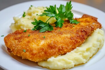 Golden crispy fried fish fillet rests on a bed of fluffy mashed potatoes, garnished with fresh parsley, showcasing a delightful culinary presentation