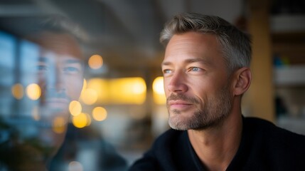 Close-up of tech executive’s calm face reflected in glass as futuristic data visualizations flicker — representing mindful leadership in digital transformation, emotional intelligence in