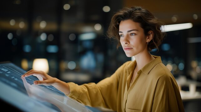 Paralegal arranging case evidence and digital files on an interactive smartboard — futuristic image showcasing efficiency, precision, and technological advancement in the legal sector, where data