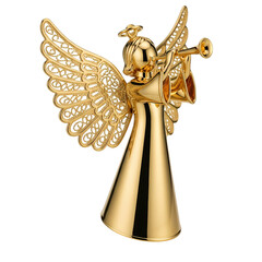 Elegant golden angel figurine blowing trumpet, spreading holiday cheer and announcing festive celebrations with detailed ornate wings.