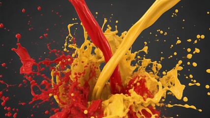 Two streams of viscous, contrasting colored paint (red and yellow) colliding in slow motion, creating a turbulent and dynamic splash - Powered by Adobe