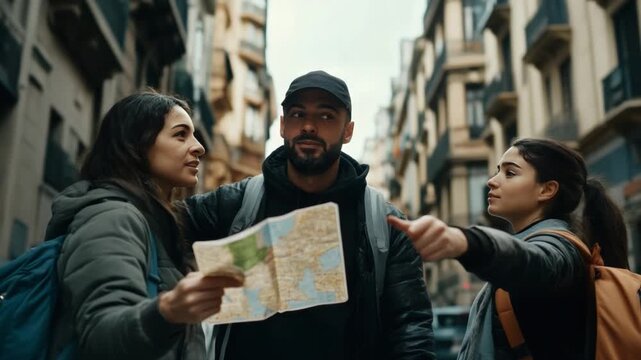 Lost Tourists with a Map: A group of tourists in the heart of a European city huddle over a map, engaged in discussion. The scene captures the essence of exploration, culture.
