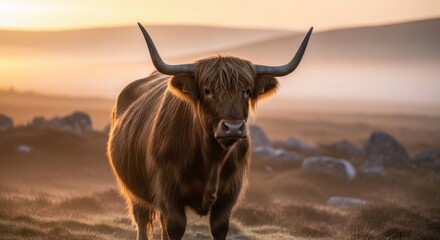 Highland cow in a field during sunrise with misty background and golden light