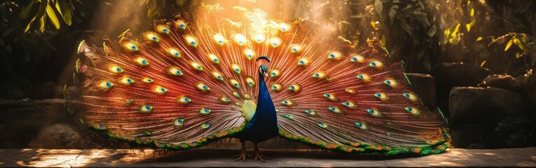 A peacock fans out its stunning iridescent tail feathers in brilliant colors, catching sunlight in a dense, green landscape, creating a mesmerizing natural display