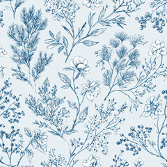 Vintage Blue Toile Christmas Floral Seamless Pattern 25 with Winter Flowers, Holly Berries and Evergreen Branches
A beautifully detailed vintage blue toile Christmas seamless pattern featuring hand-dr