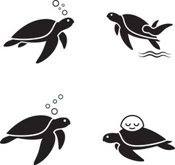 Four stylized black sea turtles in various aquatic poses