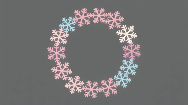 A delicate wreath of pastel-colored snowflakes creates a festive and whimsical winter holiday decoration against a simple gray background for seasonal cheer.