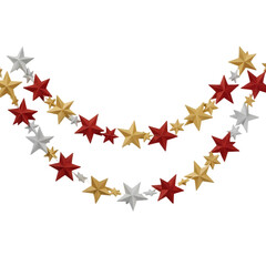 Festive red gold and silver glitter star garlands create a celebratory holiday atmosphere perfect for party decor