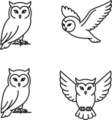 Four black outline owls in different poses on white background