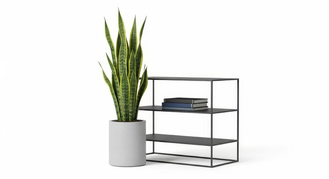 Minimalist Modern Decor: Tall Snake Plant in a Sleek Grey Pot Next to a Black Metal Shelf with Books - Powered by Adobe