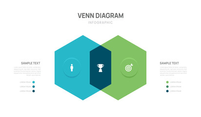 Hexagon venn diagram infographic template 2 area options business infograph vector illustration.