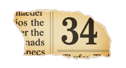 Torn newspaper clipping with the number 34 isolated on transparent background