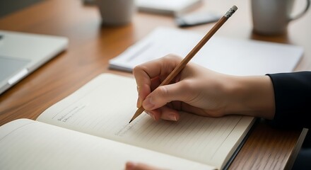 Hand writing in notebook with pencil on wooden desk.